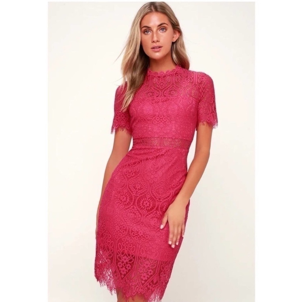 Lulu’s remarkable fuchsia sheer lace short sleeve mini dress sz sm